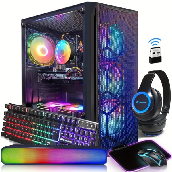 STGAubron Gaming PC Computer Desktop, Intel Core I7 Up To 3.9G, Radeon RX 580 8G, 16G RAM, 1T SSD, 600M WiFi, RGB Fan X6, RGB BT Soundbar & Headphone, Windows 10 Home