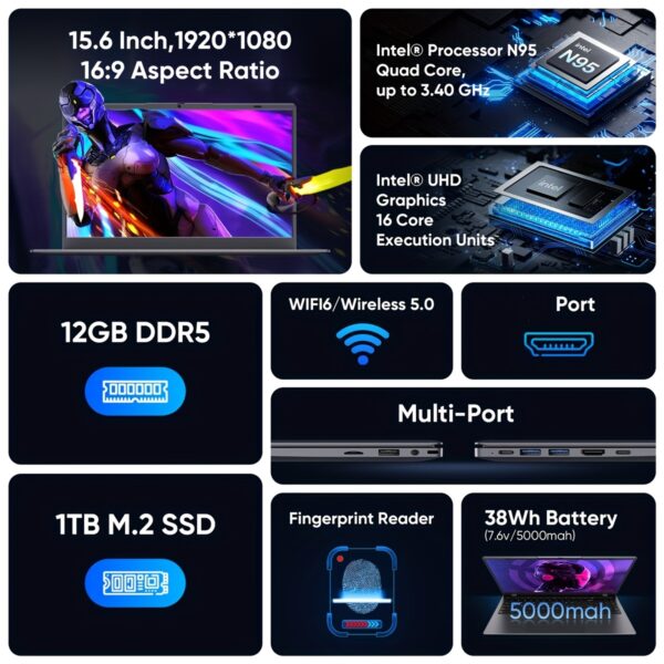 COOLBY 2025 New Business Office Student Learning Thin And Light Laptop, Intel N95 (3.40GHz), Quad-core Quad-thread, 7nm Process, 15.6-inch IPS1080P HD Display, LPDDR5 12GB RAM+M.2 1TB ROM, Support TF Expansion Card, Suitable for Student Learning, Business Office And Other Scenarios, Back to School Season, Gift, Portable - Image 3