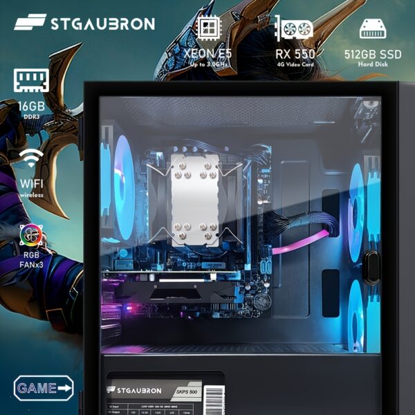 STGAubron Gaming Desktop PC - Intel Core i7-8700, 16GB RAM, 512GB SSD, Radeon RX 550 4GB, RGB Fans, Windows 10 Home, RGB Keyboard & Mouse, 600Mbps WiFi, Gaming Setup | RGB Lighting Setup | Sleek Gaming PC, Gaming Accessories - Image 3