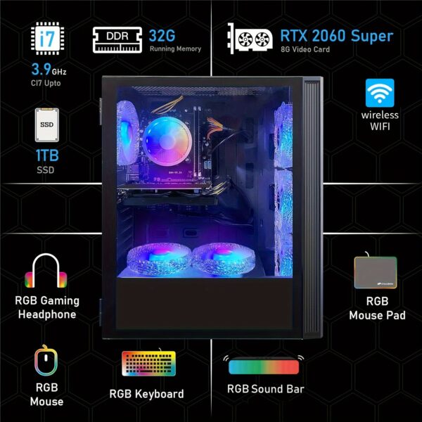 STGAubron Gaming Desktop PC with Intel Core i7, GeForce RTX 2060 Super, 32GB RAM, 1TB SSD, WiFi, RGB Keyboard & Mouse Pad - Black Hexagonal Design, Perfect for Gaming, Streaming & Home Office - Image 3