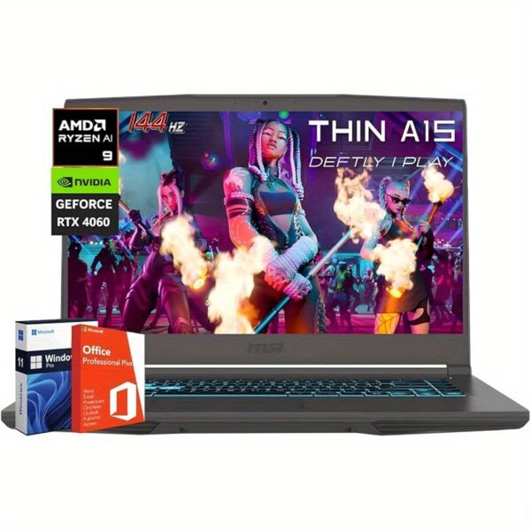 MSI Thin 15 Gaming Laptop, AMD Ryzen 9 8945HS Processor (Beat i9-13900H), 64 GB DDR5, 2 TB SSD, NVIDIA Geforce RTX 4060, 15.6" 144Hz IPS Display, Windows 11 Pro& Office Pro Lifetime License - Image 3