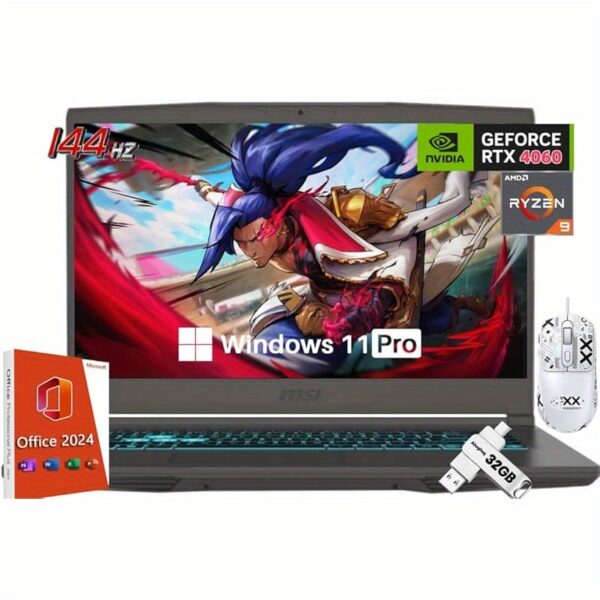 MSI Thin 15 Gaming Laptop, 15.6" 144 Hz IPS, AMD Ryzen 9 8945HS (i9-13900H, Up to 5.2GHz), NVIDIA RTX 4060 8 GB GDDR6, 32 GB DDR5, 2 TB SSD, Win 11 Pro, Office Pro Lifetime License, 32G UFD, Mouse - Image 3